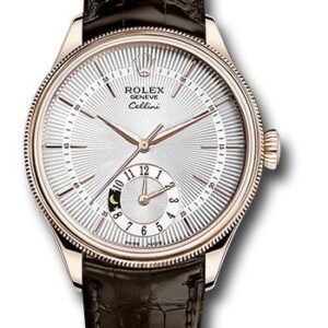 Rolex Cellini Dual Time Watch - Everose Gold - Silver Dial - Brown Leather Strap - 50525 sbr