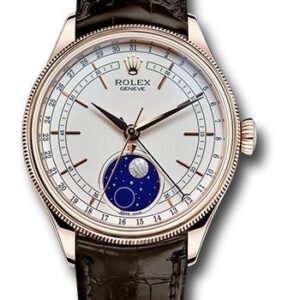 Rolex Cellini Moonphase Watch - Everose Gold - White Dial - Tobacco Leather Strap - 50535 wbr