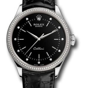 Rolex Cellini Time Watch - White Gold - Black Dial - Black Leather Strap - 50609RBR bkdbk