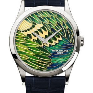 Patek Philippe Calatrava Rare Handcrafts - 38mm Platinum Case - Cloisonne Peacock Feather Dial - Dark Blue Strap - 5077P-089