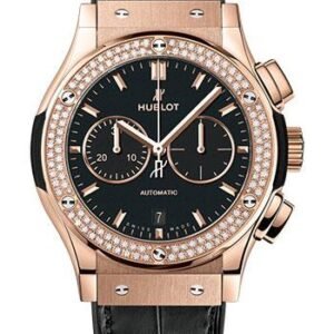 Hublot Classic Fusion Chronograph King Gold Diamonds Watch - 42 mm - Black Dial - Black Rubber and Leather Strap-541.OX.1181.LR.1104