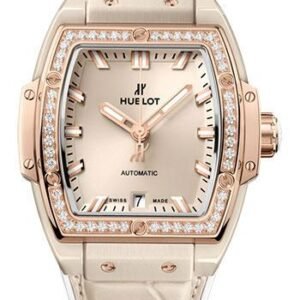 Hublot Spirit of Big Bang Beige Ceramic King Gold Diamonds Watch - 39 mm - Beige Dial - White Rubber and Beige Alligator Strap-665.CZ.898B.LR.1204