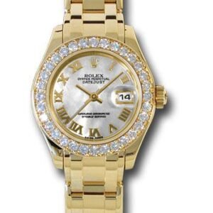 Rolex Yellow Gold Lady-Datejust Pearlmaster 29 Watch - 32 Diamond Bezel - Mother-Of-Pearl Roman Dial - 80298 mr