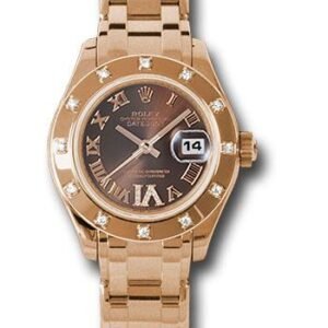 Rolex Pink Gold Lady-Datejust Pearlmaster 29 Watch - 12 Diamond Bezel - Chocolate Brown Diamond Roman Vi Roman Dial - 80315 brrd