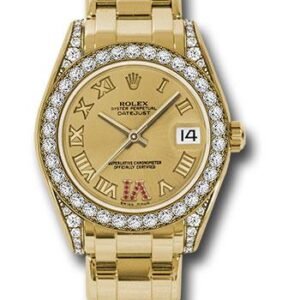 Rolex Yellow Gold Datejust Pearlmaster 34 Watch - 34 Diamond Bezel - Champagne Ruby Roman Vi Roman Dial - 81158 chrr