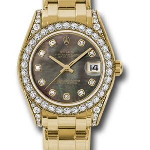 Rolex Yellow Gold Datejust Pearlmaster 34 Watch - 34 Diamond Bezel - Black Mother-Of-Pearl Diamond Dial - 81158 dkmd