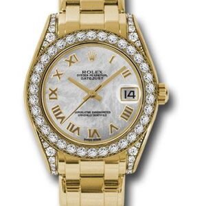Rolex Yellow Gold Datejust Pearlmaster 34 Watch - 34 Diamond Bezel - White Mother-Of-Pearl Roman Dial - 81158 mr