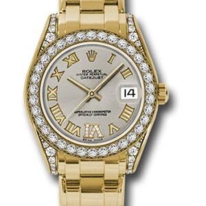 Rolex Yellow Gold Datejust Pearlmaster 34 Watch - 34 Diamond Bezel - Silver Roman Dial - 81158 sdr