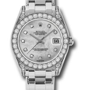 Rolex White Gold Datejust Pearlmaster 34 Watch - 34 Diamond Bezel - White Mother-Of-Pearl Diamond Dial - 81159 md