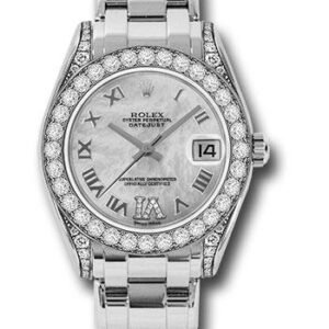 Rolex White Gold Datejust Pearlmaster 34 Watch - 34 Diamond Bezel - White Mother-Of-Pearl Roman Dial - 81159 mdr