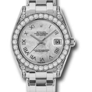 Rolex White Gold Datejust Pearlmaster 34 Watch - 34 Diamond Bezel - White Mother-Of-Pearl Roman Dial - 81159 mr