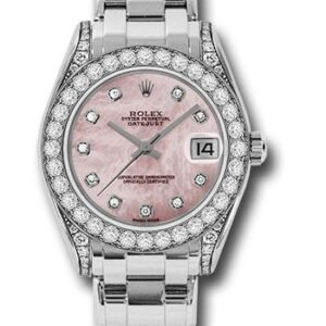 Rolex White Gold Datejust Pearlmaster 34 Watch - 34 Diamond Bezel - Pink Mother-Of-Pearl Diamond Dial - 81159 pmd