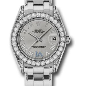 Rolex White Gold Datejust Pearlmaster 34 Watch - 34 Diamond Bezel - Silver Roman Dial - 81159 ssr