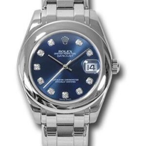 Rolex White Gold Datejust Pearlmaster 34 Watch - Domed Bezel - Blue Diamond Dial - 81209 bd