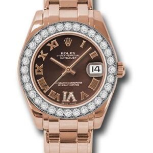 Rolex Everose Gold Datejust Pearlmaster 34 Watch - 32 Diamond Bezel - Chocolate Roman Dial - 81285 chodrp