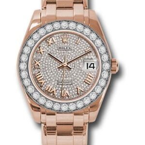 Rolex Everose Gold Datejust Pearlmaster 34 Watch - 32 Diamond Bezel - Diamond Paved Roman Dial - 81285 dprp