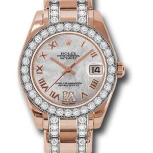 Rolex Everose Gold Datejust Pearlmaster 34 Watch - 32 Diamond Bezel - White Mother-Of-Pearl Roman Dial - 81285 mdrdp
