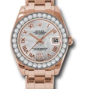 Rolex Everose Gold Datejust Pearlmaster 34 Watch - 32 Diamond Bezel - White Mother-Of-Pearl Roman Dial - 81285 mdrp