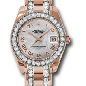 Rolex Everose Gold Datejust Pearlmaster 34 Watch - 32 Diamond Bezel - Mother-Of-Pearl Roman Dial - 81285 mrdp