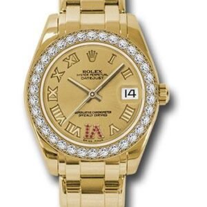 Rolex Yellow Gold Datejust Pearlmaster 34 Watch - 34 Diamond Bezel - Champagne Ruby Roman Vi Roman Dial - 81298 chrr