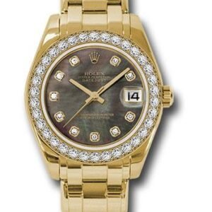 Rolex Yellow Gold Datejust Pearlmaster 34 Watch - 34 Diamond Bezel - Black Mother-Of-Pearl Diamond Dial - 81298 dkmd
