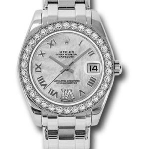 Rolex White Gold Datejust Pearlmaster 34 Watch - 34 Diamond Bezel - White Mother-Of-Pearl Roman Dial - 81299 mdr