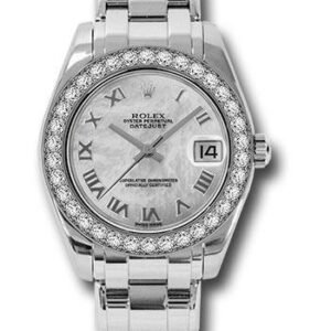 Rolex White Gold Datejust Pearlmaster 34 Watch - 34 Diamond Bezel - White Mother-Of-Pearl Roman Dial - 81299 mr