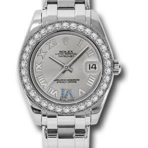 Rolex White Gold Datejust Pearlmaster 34 Watch - 34 Diamond Bezel - Silver Roman Dial - 81299 ssr