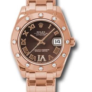 Rolex Everose Gold Datejust Pearlmaster 34 Watch - 12 Diamond Bezel - Chocolate Roman Dial - 81315 chodr