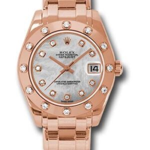 Rolex Pink Gold Datejust Pearlmaster 34 Watch - 12 Diamond Bezel - Mother-Of-Pearl Diamond Dial - 81315 md
