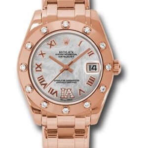 Rolex Everose Gold Datejust Pearlmaster 34 Watch - 12 Diamond Bezel - White Mother-Of-Pearl Roman Dial - 81315 mdr