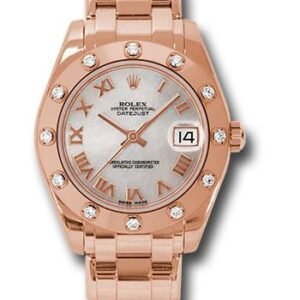 Rolex Pink Gold Datejust Pearlmaster 34 Watch - 12 Diamond Bezel - Mother-Of-Pearl Roman Dial - 81315 mr