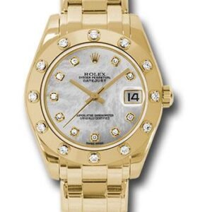 Rolex Yellow Gold Datejust Pearlmaster 34 Watch - 12 Diamond Bezel - White Mother-Of-Pearl Diamond Dial - 81318 md
