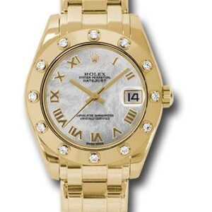 Rolex Yellow Gold Datejust Pearlmaster 34 Watch - 12 Diamond Bezel - White Mother-Of-Pearl Roman Dial - 81318 mr