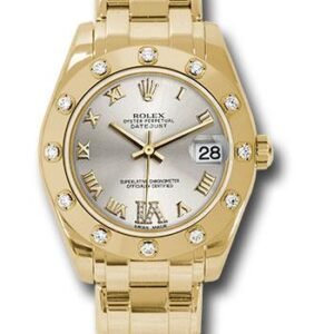 Rolex Yellow Gold Datejust Pearlmaster 34 Watch - 12 Diamond Bezel - Silver Diamond Roman VI Dial - 81318 sdr6