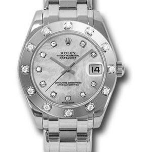 Rolex White Gold Datejust Pearlmaster 34 Watch - 12 Diamond Bezel - White Mother-Of-Pearl Diamond Dial - 81319 md