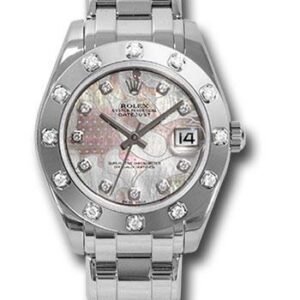 Rolex White Gold Datejust Pearlmaster 34 Watch - 12 Diamond Bezel - Pink Goldust Dream Diamond Dial - 81319 pgdd