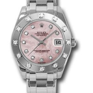 Rolex White Gold Datejust Pearlmaster 34 Watch - 12 Diamond Bezel - Pink Mother-Of-Pearl Diamond Dial - 81319 pmd
