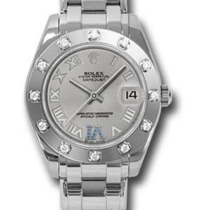 Rolex White Gold Datejust Pearlmaster 34 Watch - 12 Diamond Bezel - Silver Roman Dial - 81319 ssr