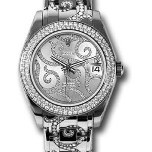Rolex White Gold Datejust Pearlmaster 34 Watch - 116 Diamond Bezel - Rhodium Arabesque Diamond Dial - 81339 arabesque