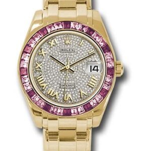 Rolex Yellow Gold Datejust Pearlmaster 34 Watch - 12 Pink And 24 Light-Pink Sapphire Baguettes Bezel - Diamond Paved Roman Dial - 81348SARO dpr