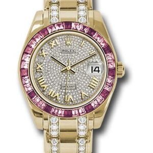 Rolex Yellow Gold Datejust Pearlmaster 34 Watch - 12 Pink And 24 Light-Pink Sapphire Baguettes Bezel - Diamond Paved Roman Dial - 81348SARO dprdp