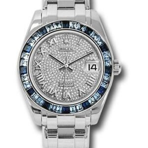 Rolex White Gold Datejust Pearlmaster 34 Watch - 12 Blue And 24 Light-Blue Sapphire Baguettes Bezel - Diamond Paved Roman Dial - 81349SA dpr