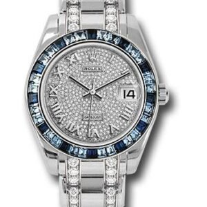 Rolex White Gold Datejust Pearlmaster 34 Watch - 12 Blue And 24 Light-Blue Sapphire Baguettes Bezel - Diamond Paved Roman Dial - 81349SA dprdp