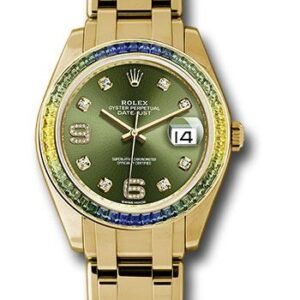 Rolex Yellow Gold Datejust Pearlmaster 39 Watch - 48 Blue To Green Gradient Baguette-Cut Sapphires Bezel - Olive Green Diamond Dial - 86348SABLV