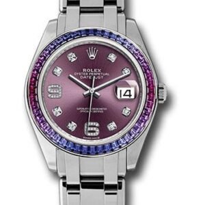 Rolex White Gold Datejust Pearlmaster 39 Watch - 48 Blue To Fuchsia Pink Gradient Baguette-Cut Sapphires Bezel - Red Grape Diamond Dial - 86349SAFUBL