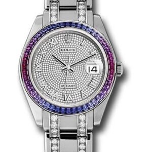 Rolex White Gold Datejust Pearlmaster 39 Watch - 48 Blue To Fuchsia Pink Gradient Baguette-Cut Sapphires Bezel - 18K White Gold Diamond Paved Dial - 86349SAFUBL dpdb