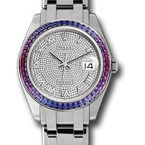 Rolex White Gold Datejust Pearlmaster 39 Watch - 48 Blue To Fuchsia Pink Gradient Baguette-Cut Sapphires Bezel - 18K White Gold Diamond Paved Dial - 86349SAF dpr