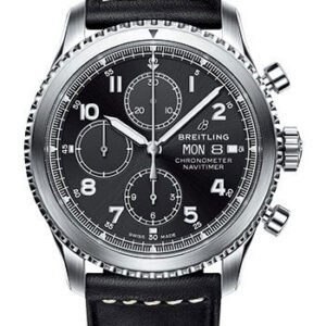 Breitling Aviator 8 Chronograph 43 Watch - Steel Case - Black Dial - Black Leather Strap - A13314101B1X1