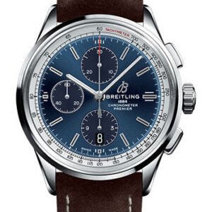 Breitling Premier Chronograph Watch - 42mm Steel Case - Blue Dial - Brown Nubuck Strap - A13315351C1X1